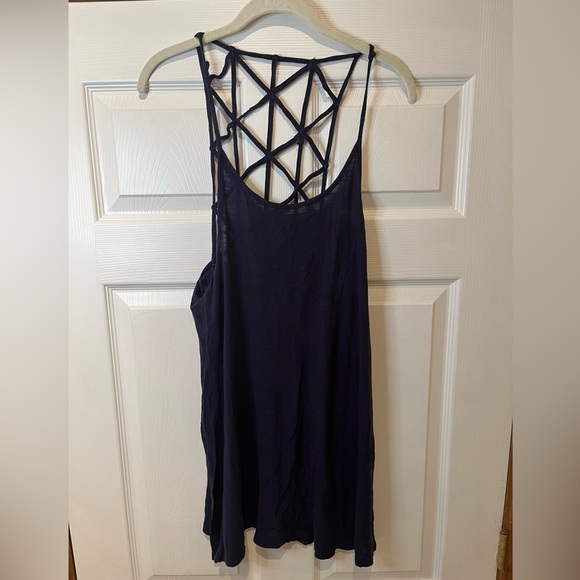 Small Navy Blue Sleeveless Long Tank Top with Lattice Back - Picture 1 of 4